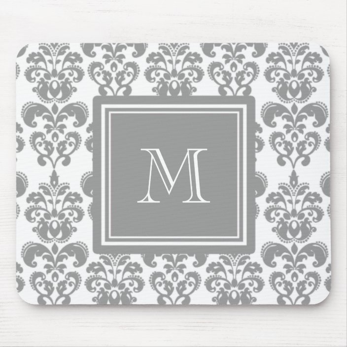 Your Monogram, Grey Damask Pattern 2 Mouse Pad