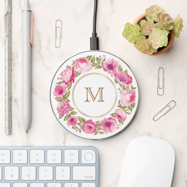 Your Monogram in a Flower Frame Wireless Charger (Desk)