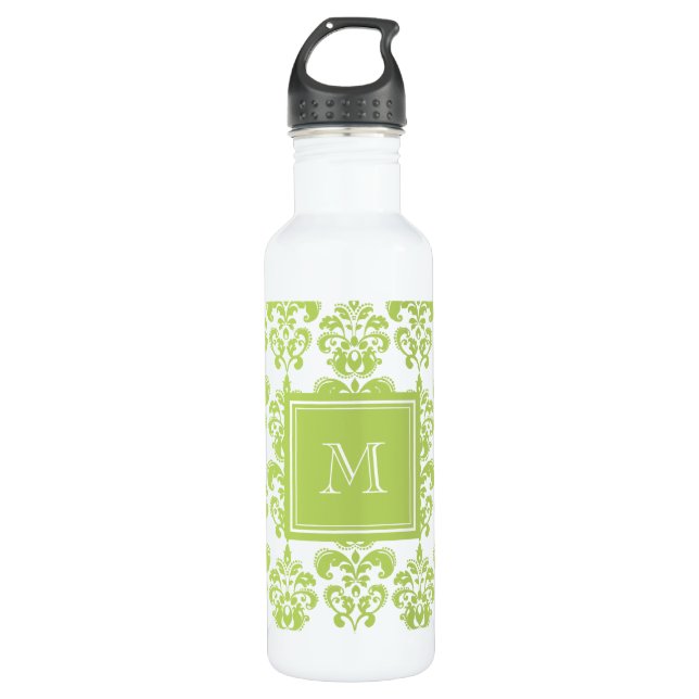Your Monogram, Light Green Damask Pattern 2 Water Bottle (Front)
