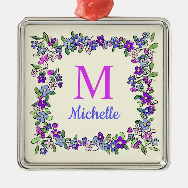 Your Monogram & Name in Flower Frame Metal Ornament (Front)