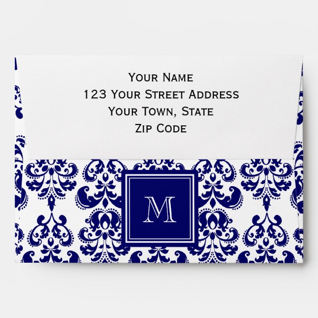 Your Monogram, Navy Blue Damask Pattern 2 Envelope (Back (Top Flap))