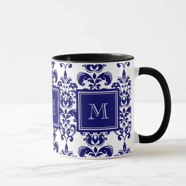 Your Monogram, Navy Blue Damask Pattern 2 Mug (Right)