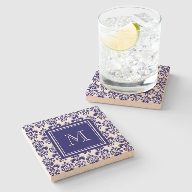 Your Monogram, Navy Blue Damask Pattern 2 Stone Coaster (Side)
