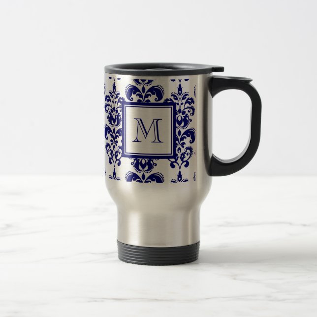 Your Monogram, Navy Blue Damask Pattern 2 Travel Mug (Right)