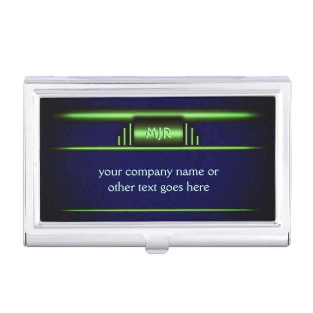 Your monogram on art deco electric green and blue business card case (Front)