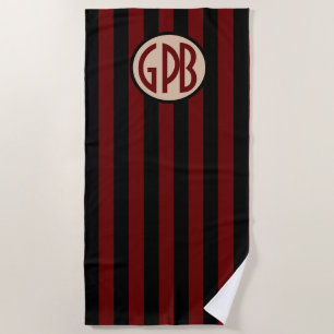 Your monogram on Black & Burgundy Cabana stripes Beach Towel