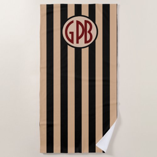 Your monogram on Black  Tan Cabana stripes Beach Towel