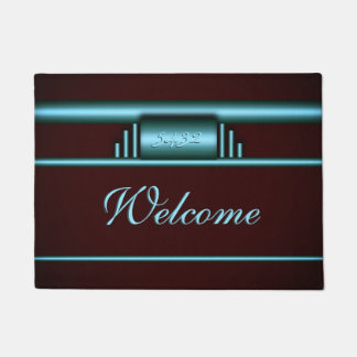 Your monogram on deluxe art deco blue and maroon doormat