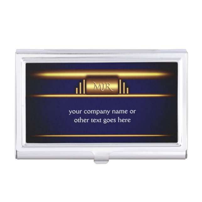 Your monogram on deluxe art deco brass and blue business card holder (Front)