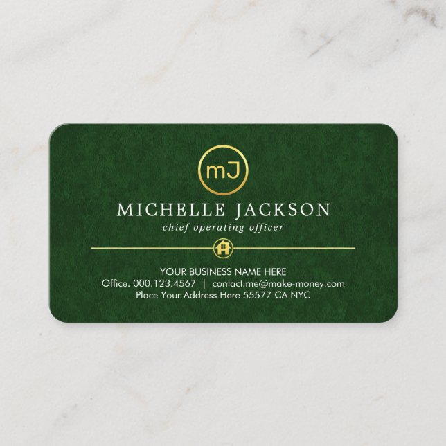 Your Monogram On Luxurious Green Grunge Business Card (Front)