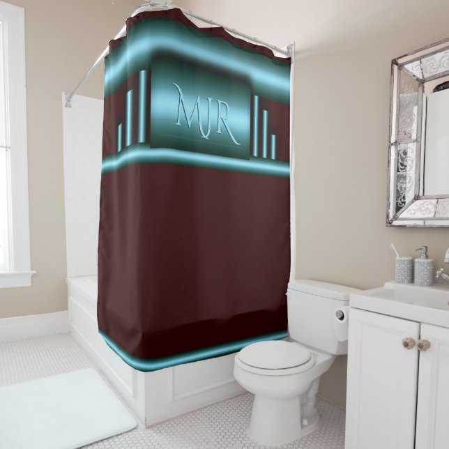 Your monogram on luxury art deco blue and maroon shower curtain (In Situ)