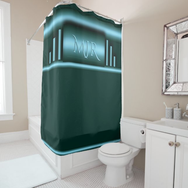 Your monogram on luxury art deco blue and teal shower curtain (In Situ)