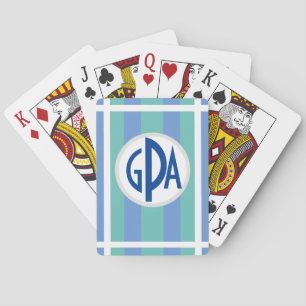 Your monogram on striped Blue, Turquoise  & White Poker Cards