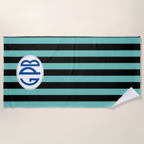 Your monogram on Teal  Black Cabana stripes Beach Towel