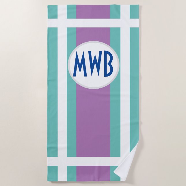 Your monogram on Teal & Purple, w/ White borders Beach Towel (Front)