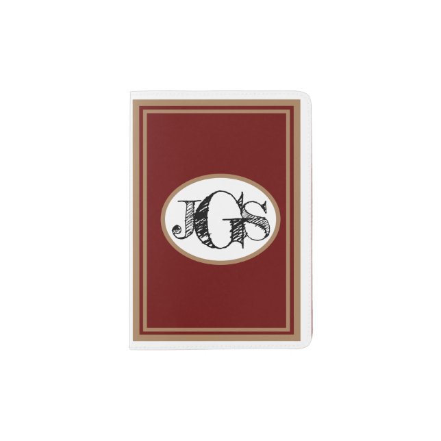 Your MONOGRAM on WHITE, BURGUNDY field,TAN  trim, Passport Holder (Front)