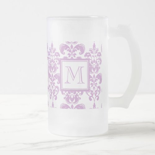 Your Monogram Purple Damask Pattern 2 Frosted Glass Beer Mug