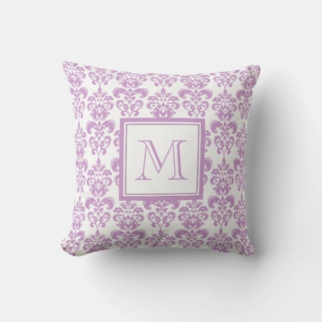 Your Monogram, Purple Damask Pattern 2 Throw Pillow (Front)