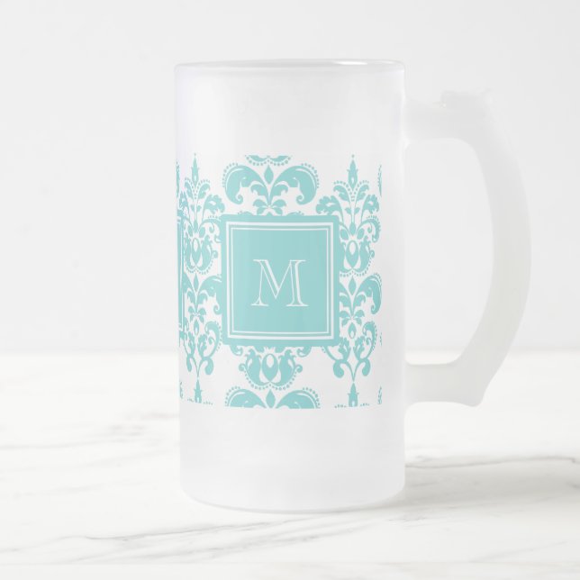 Your Monogram, Teal Damask Pattern 2 Frosted Glass Beer Mug (Right)
