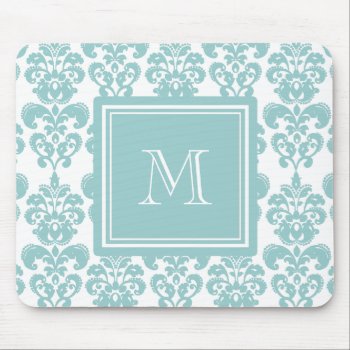 Your Monogram  Teal Damask Pattern 2 Mouse Pad by GraphicsByMimi at Zazzle