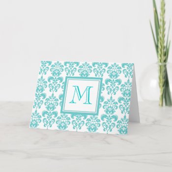 Your Monogram  Teal Damask Pattern 2 Note Card by GraphicsByMimi at Zazzle