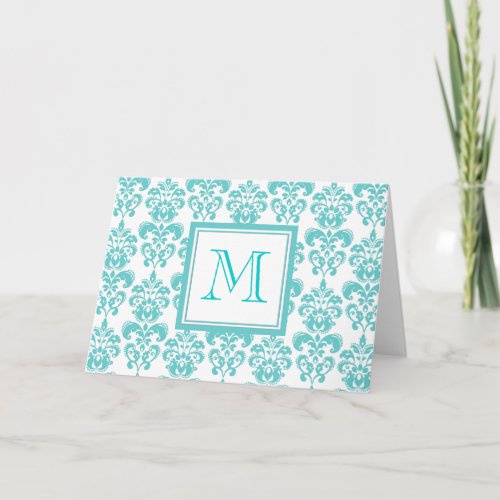 Your Monogram Teal Damask Pattern 2 Note Card