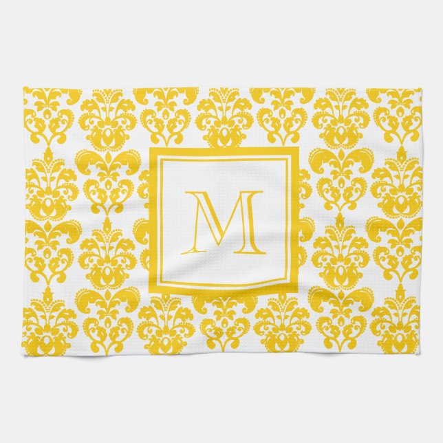 Your Monogram, Yellow Damask Pattern 2 Towel (Horizontal)