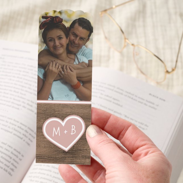 Your Monograms Love Heart On Woodgrain Pattern Bookmarks (Hand)