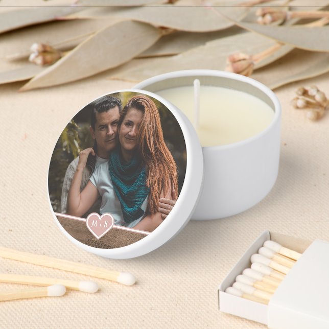 Your Monograms Love Heart On Woodgrain Pattern Mini Candle Favors (Insitu)