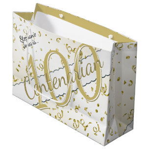 Your Name - 100 Years Centenarian Gold/White  Large Gift Bag