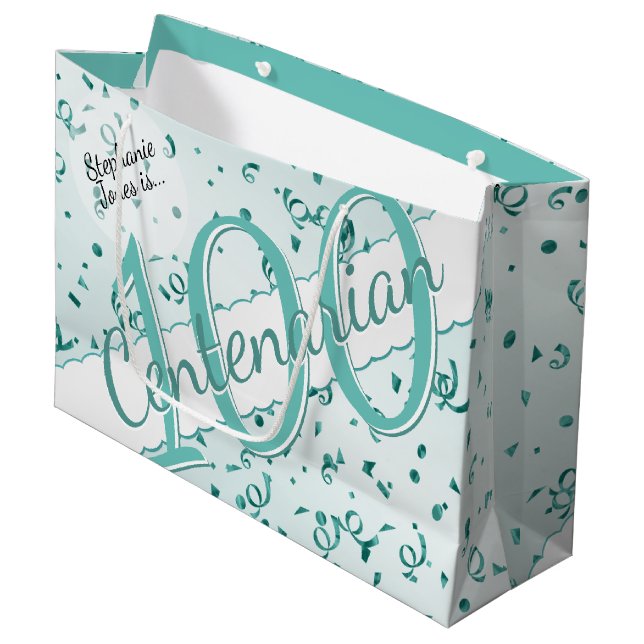 Your Name - 100 Years Centenarian Teal/White  Large Gift Bag (Front Angled)