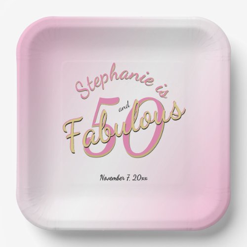 Your Name 50 and Fabulous Birthday PinkGold Paper Plates