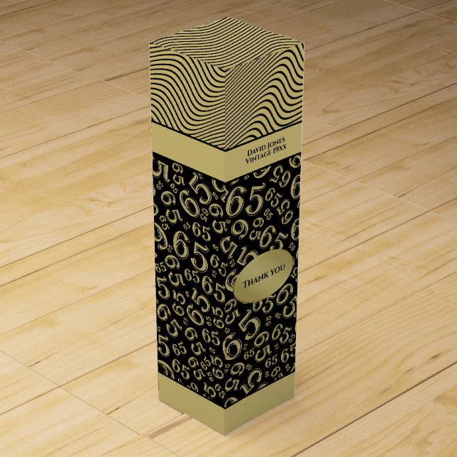 Your Name 65th Birthday Gold/Black Number Pattern Wine Box (Front)