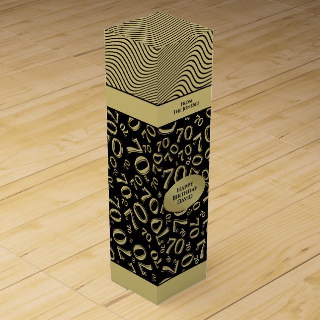 Your Name 70th Birthday Black/Gold Number Pattern Wine Box (Front)