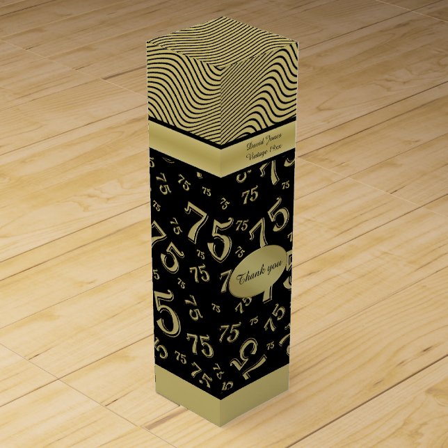 Your Name 75th Birthday Gold/Black Number Pattern Wine Box (Front)
