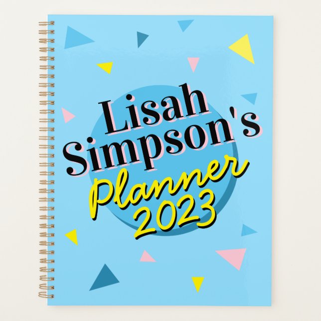 Your Name 80s Memphis Blue Yellow Retro Shapes Planner (Front)
