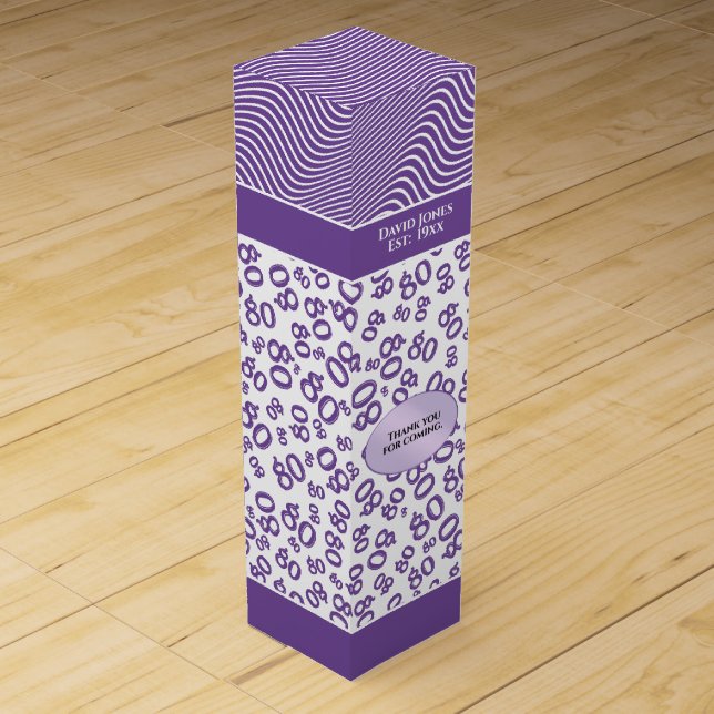 Your Name 80th Birthday Purple Number 80 Pattern Wine Box (Front)