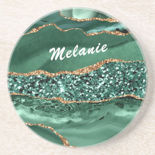 Your Name Agate Green Gold Glitter Marble Coaster