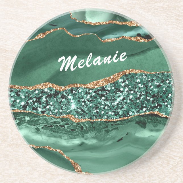 Your Name Agate Green Gold Glitter Marble Coaster (Front)