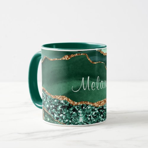 Your Name Agate Green Gold Glitter Marble Mug Gift