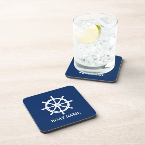 Your Name Anchor with Ships Wheel Helm Navy Blue Beverage Coaster