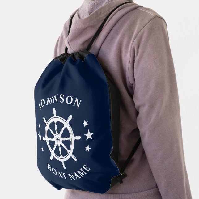 Your Name and Boat Name or Text Helm Wheel Stars Drawstring Bag (Insitu)