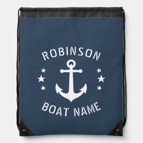 Your Name and Boat or Text Vintage Anchor Stars Drawstring Bag