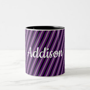 Your Name and Color on Black and Grey Striped Two-Tone Coffee Mug