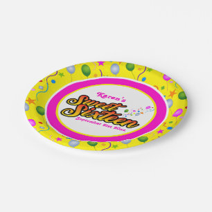 Your Name and Date Pink and Yellow Sweet Sixteen Paper Plates