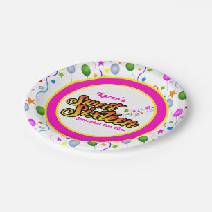 Your Name and Date Pink and Yellow Sweet Sixteen Paper Plates