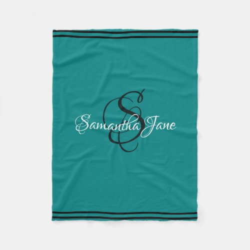 Your Name and Initial Teal Black  White Script _ Fleece Blanket