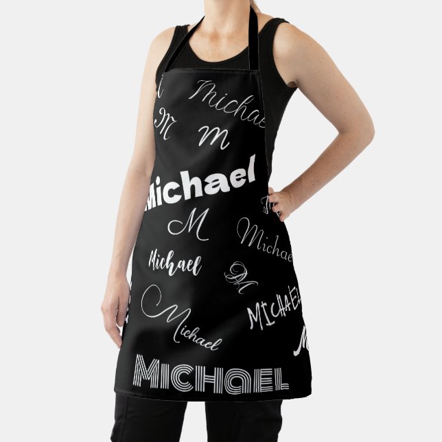 Your name and monogram custom pattern black apron (Insitu)