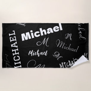 Your name and monogram custom pattern black beach towel