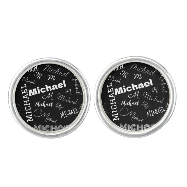 Your name and monogram custom pattern black cufflinks (Front)